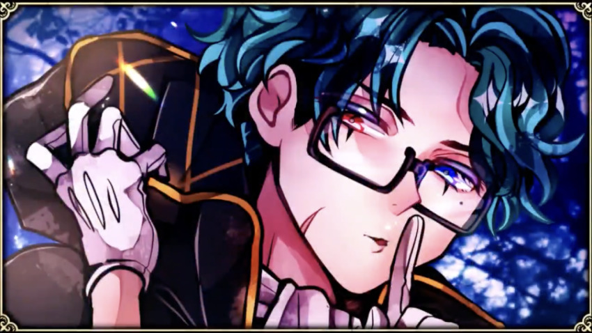 1boy, akuma_shitsuji_to_kuroi_neko, blue_eyes, blue_hair, finger_to_mouth, glasses, gloves, heterochromia