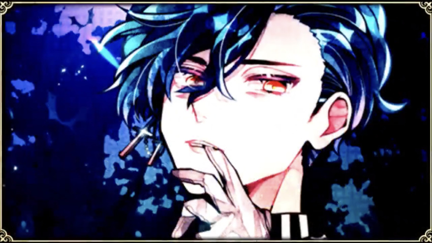 1boy, akuma_shitsuji_to_kuroi_neko, blue_hair, cross, earrings, glove_pull, gloves, haures_clifford