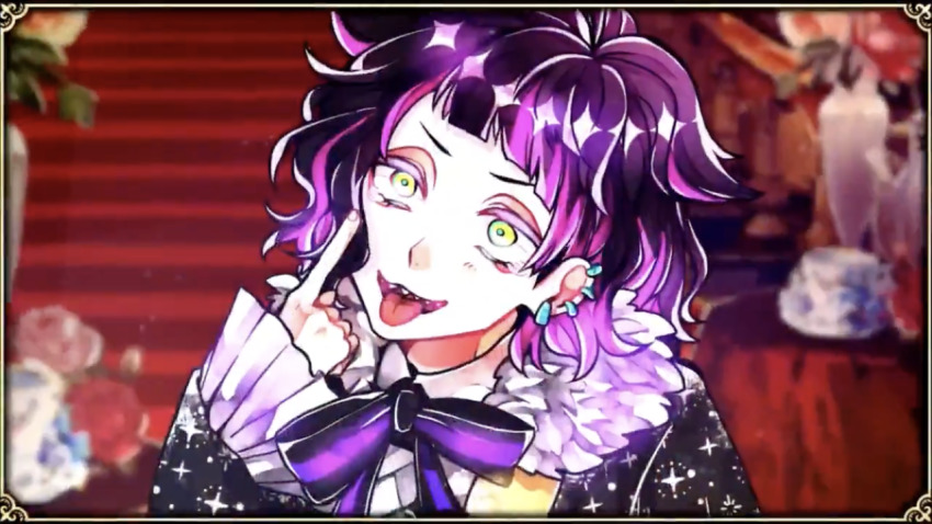 1boy, akuma_shitsuji_to_kuroi_neko, black_hair, crazy, ear_piercing, lamli_bennett, long_sleeves, multicolored_hair, official_art, pale_skin, piercing, pink_hair, sharp_teeth, studio_wasabi, teeth, tongue, tongue_out, yellow_eyes