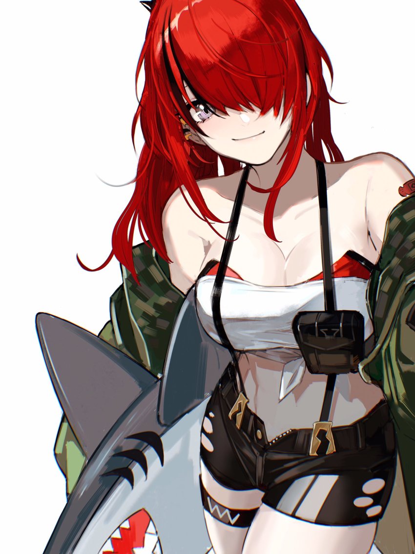 1girl, bandeau, bare_shoulders, black_hair, black_shorts, breasts, caradocc, cleavage