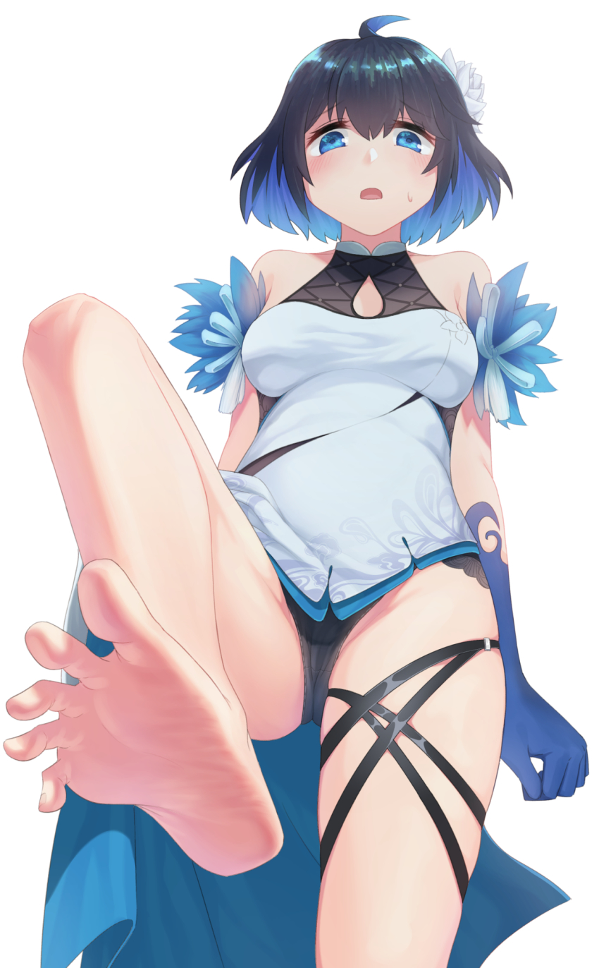 1girl, :o, arka91, bare_shoulders, barefoot, black_panties, blue_eyes, blue_gloves