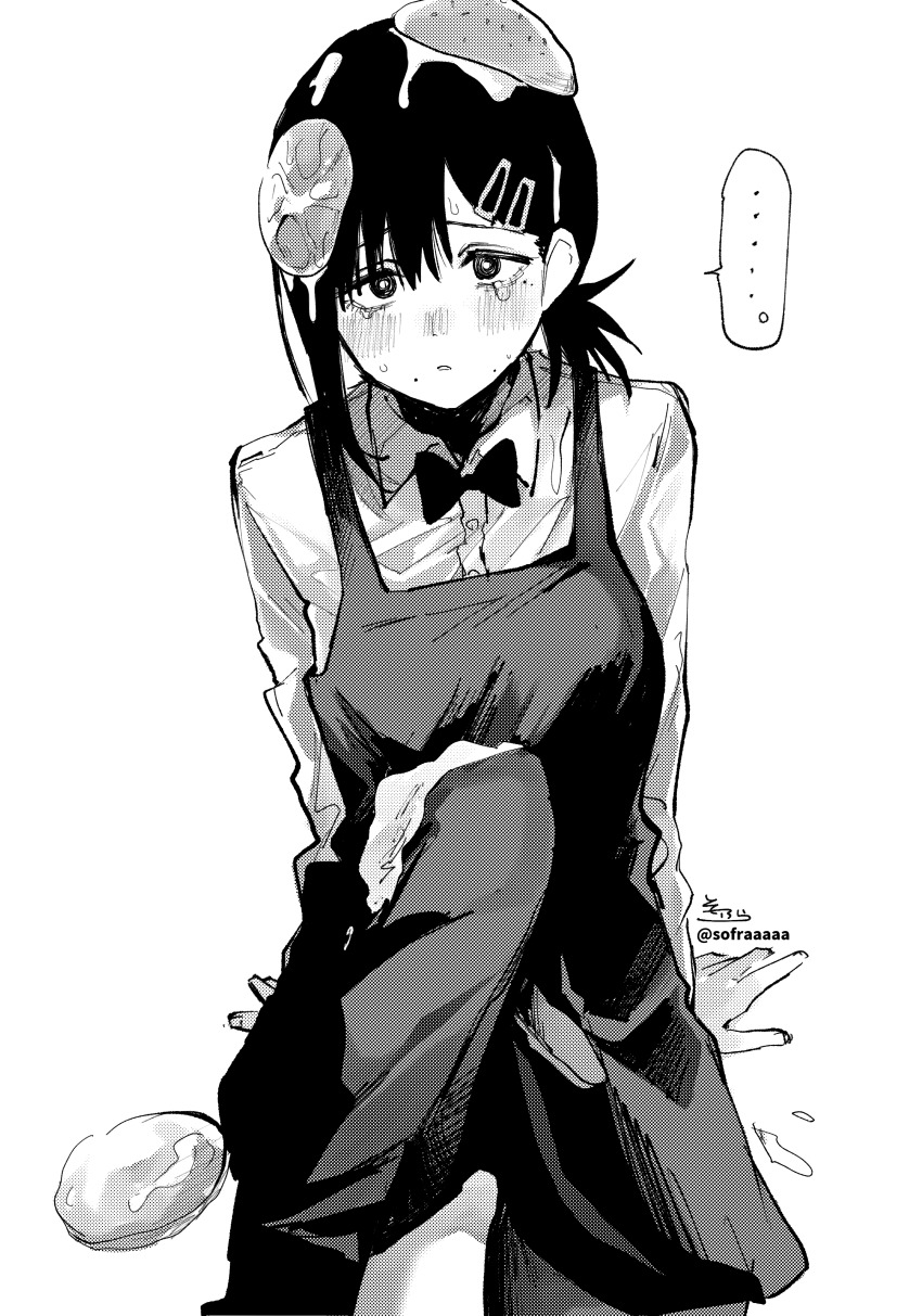 ..., 1girl, absurdres, apron, arm_support, blush, bow, bowtie