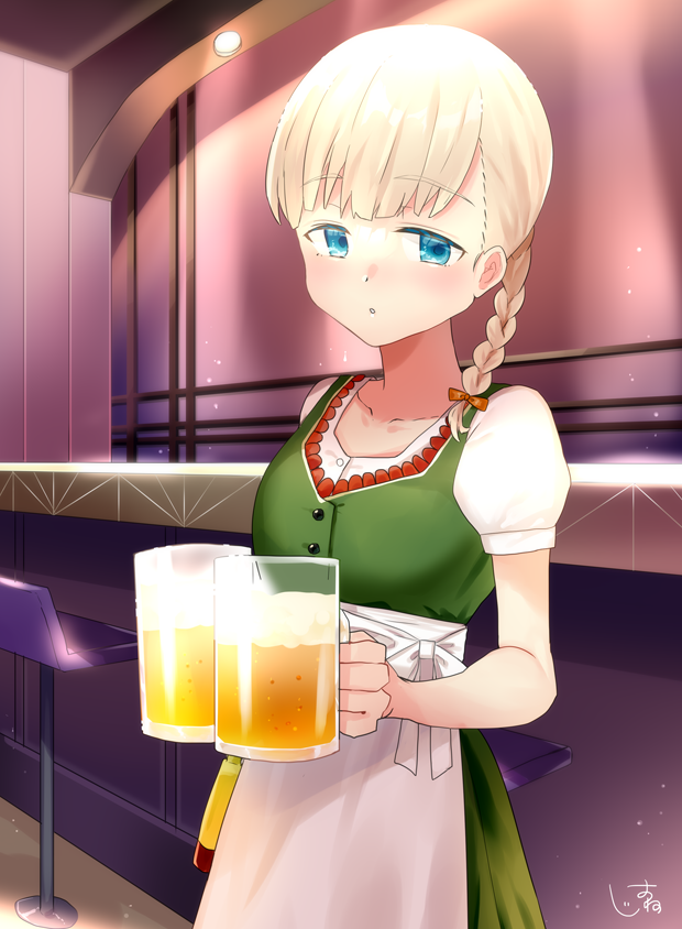1girl, :o, alcohol, bar_stool, beer, beer_mug, blonde_hair, blue_eyes