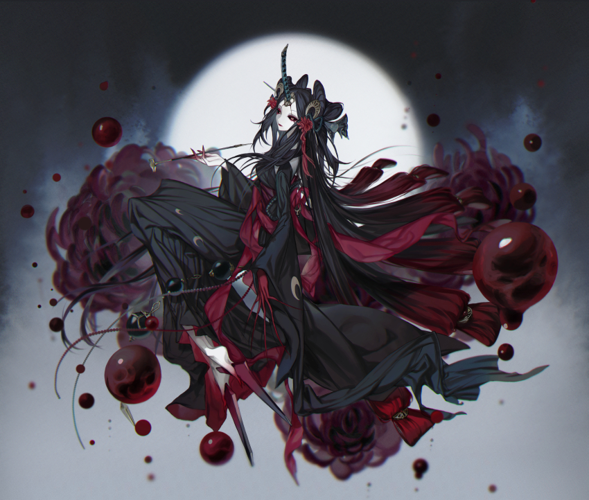 1girl, absurdres, barefoot, beads, black_hair, black_sclera, bleeding, blood