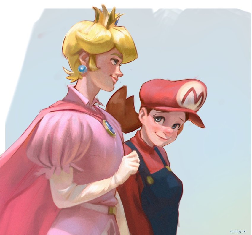 1boy, 1girl, blonde_hair, blue_overalls, brown_hair, crown, earrings, emmanuel_edeko