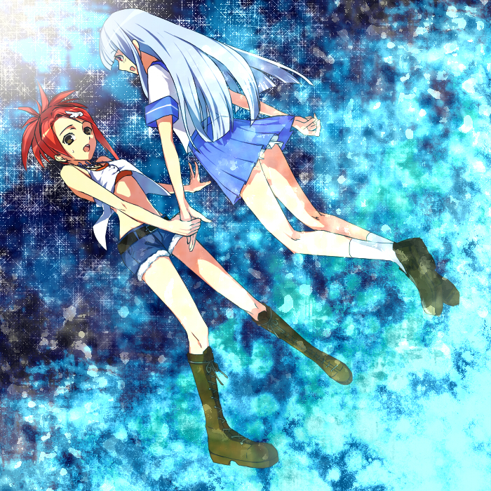 00s, 2girls, aisaka_sayo, aobara, asakura_kazumi, bloomers, blue_hair, boots
