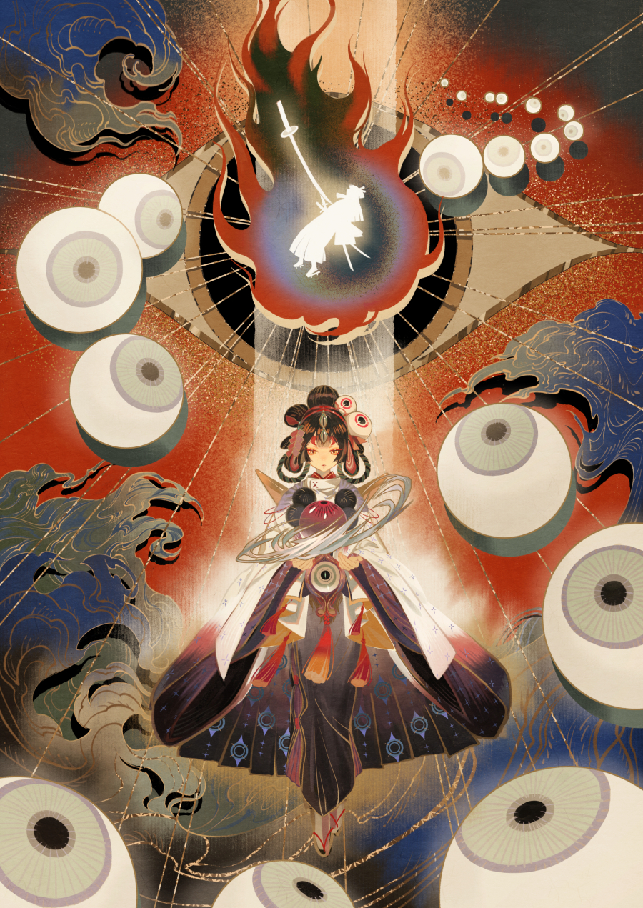 1boy, 1girl, brown_hair, character_request, chinese_clothes, closed_mouth, commentary_request, dress