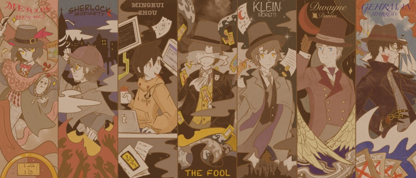 6+boys, :3, absurdres, adjusting_clothes, adjusting_headwear, angel, arrodes_(lord_of_the_mysteries), beard