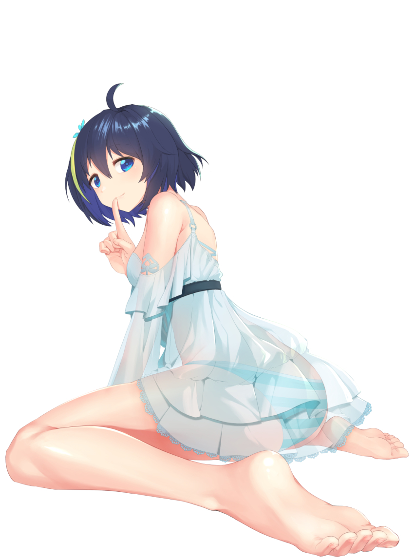 1girl, arka91, ass, bare_shoulders, barefoot, blue_eyes, blue_hair, bob_cut