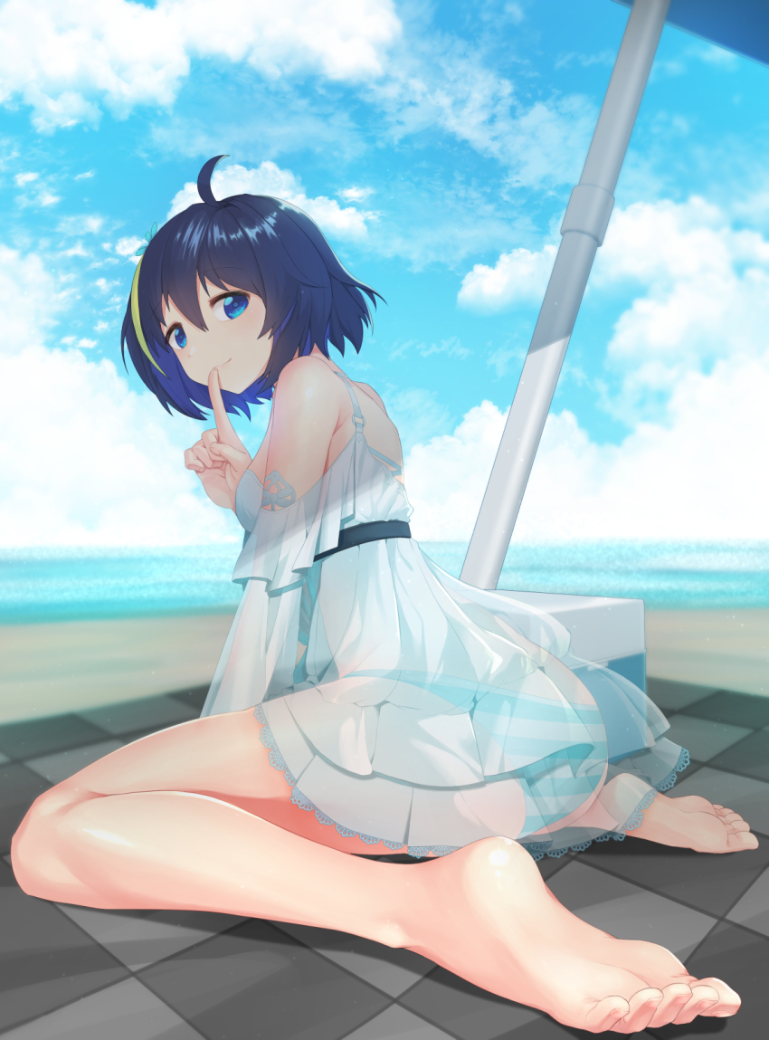 1girl, arka91, ass, bare_shoulders, barefoot, beach, beach_mat, beach_umbrella