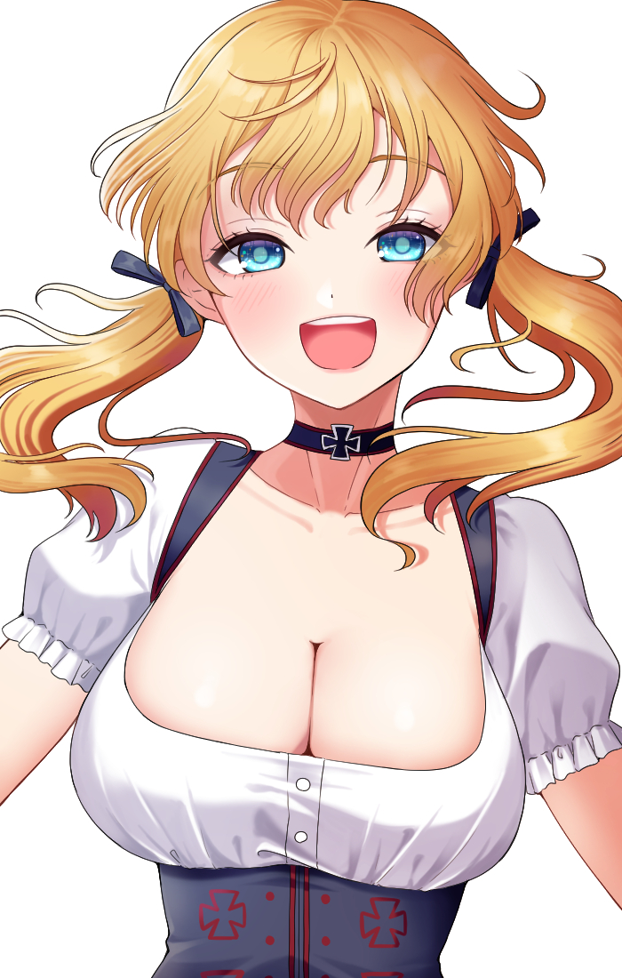1girl, blonde_hair, blue_eyes, blush, breasts, cleavage, collarbone, dirndl, german_clothes, hair_between_eyes, kantai_collection, large_breasts, long_hair, low_twintails, oktoberfest, open_mouth, prinz_eugen_(kancolle), puffy_short_sleeves, puffy_sleeves, round_teeth, short_sleeves, simple_background, smile, solo, teeth, twintails, upper_body, upper_teeth_only, white_background, yomogi_dango