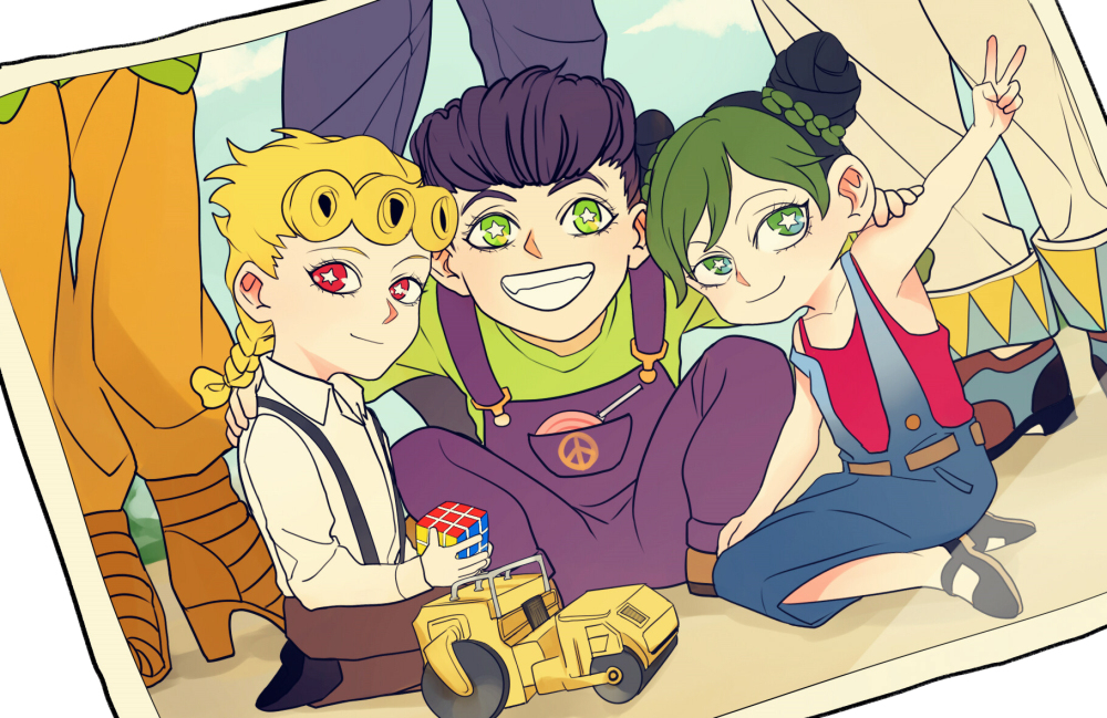1girl, 5boys, battle_tendency, black_hair, blonde_hair, child, diamond_wa_kudakenai, dio_brando