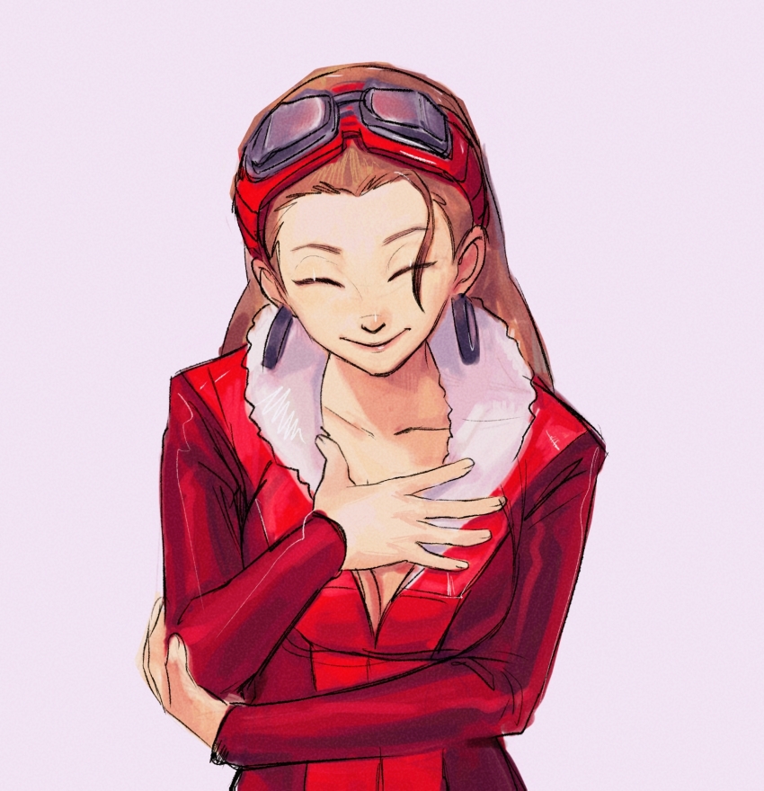 1girl, ^_^, ace_attorney, black-framed_eyewear, breasts, cleavage, closed_eyes, closed_mouth