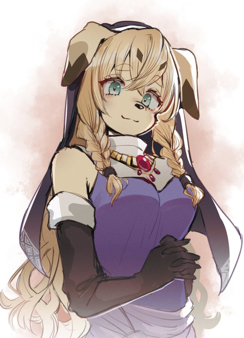 1girl, :3, absurdres, animal_ears, animal_nose, another_eidos-r, bare_shoulders, black_gloves, blonde_hair, blush, body_fur, breasts, brown_background, closed_mouth, crossed_bangs, dog_ears, dog_girl, dress, elaine_(another_eidos), elbow_gloves, female_focus, furry, furry_female, gloves, green_eyes, habit, hands_up, happy, highres, interlocked_fingers, jewelry, k0bit0wani, light_blush, long_hair, looking_at_viewer, medium_breasts, necklace, nun, nun_headdress, own_hands_together, purple_dress, sash, sidelocks, simple_background, sleeveless, sleeveless_dress, smile, snout, solo, standing, upper_body, yellow_fur