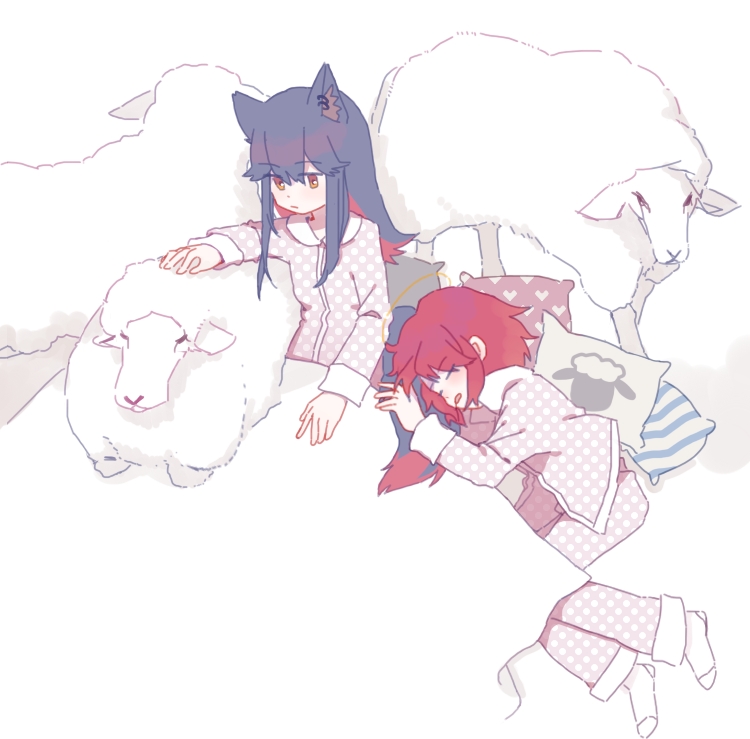 2girls, angle, animal_ear_fluff, animal_ears, arknights, black_hair, colored_inner_hair, commentary