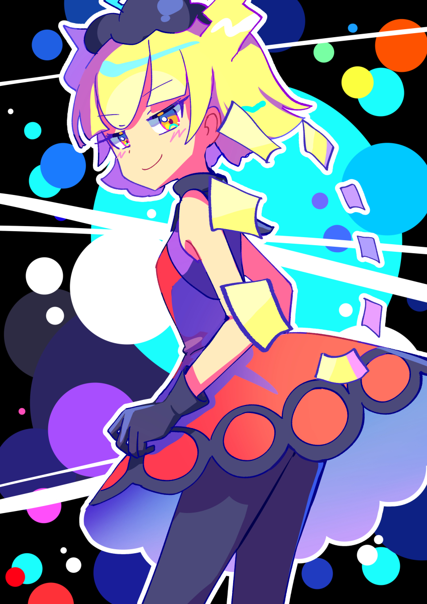 1girl, absurdres, black_gloves, black_pantyhose, blonde_hair, blush, brown_eyes, closed_mouth