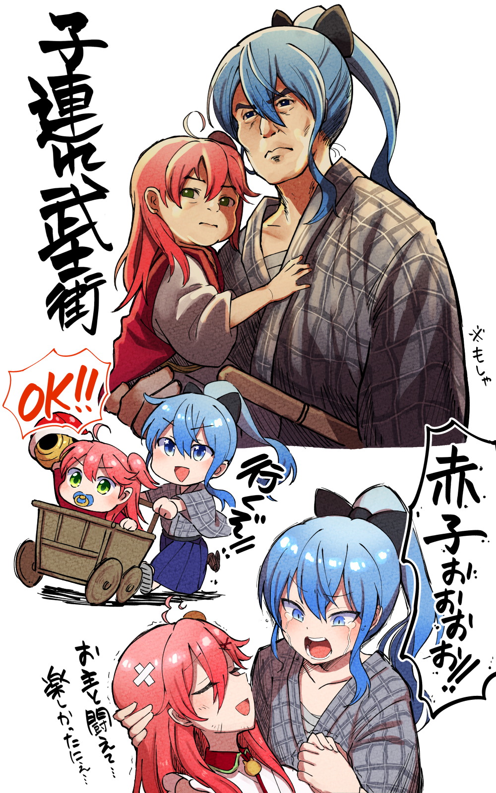 2girls, :d, ahoge, bandaid, bandaid_on_head, black_bow, blue_eyes, blue_hair