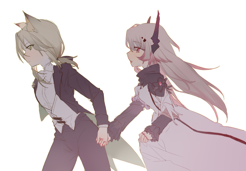 2girls, animal_ear_fluff, animal_ears, arknights, black_jacket, black_pants, butler, cat_ears