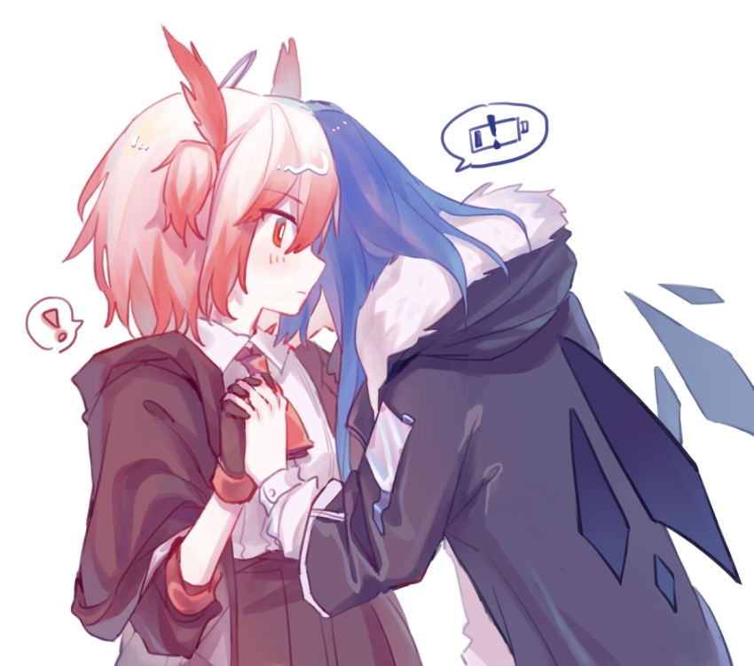 2girls, arknights, black_jacket, blue_hair, blush, commentary_request, detached_wings, energy_wings