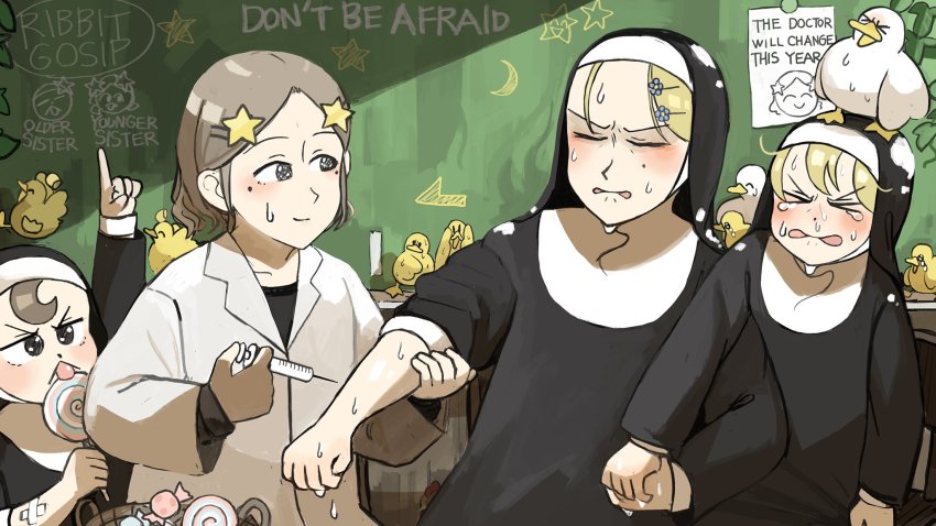 >_<, 4girls, =_=, animal, animal_on_head, baby_animal, bird, bird_on_head, blonde_hair, brown_eyes, brown_hair, candy, chalkboard, chicken, closed_eyes, clumsy_nun_(diva), commentary, corn, diva_(hyxpk), doctor, duck, duckling, english_commentary, flower, food, food_on_head, froggy_nun_(diva), grey_eyes, habit, hair_flower, hair_ornament, hairclip, hanging_plant, highres, holding_hands, licking, little_nuns_(diva), lollipop, mole, mole_under_eye, multiple_girls, needle_phobia, nervous_sweating, nun, nun_headdress, object_on_head, on_head, pointing, pointing_up, poster_(object), scared, short_hair, sleeves_rolled_up, slice_of_life, star_(symbol), star_hair_ornament, star_nun's_sister_(diva), strict_nun_(diva), sweat, swirl_lollipop, syringe, tearing_up, traditional_nun