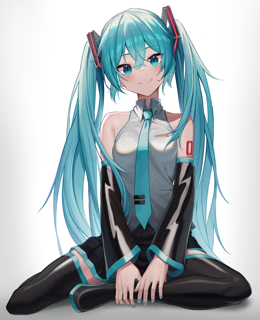 1girl, absurdres, aqua_eyes, aqua_hair, aqua_nails, aqua_necktie, bare_shoulders, bib_(bibboss39)