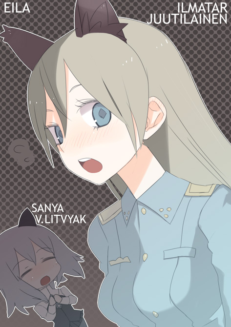 00s, 2girls, animal_ears, blonde_hair, blush, cat_ears, chibi, eila_ilmatar_juutilainen, closed_eyes, green_eyes, multiple_girls, sanya_v._litvyak, silver_hair, strike_witches, tank_(artist), world_witches_series