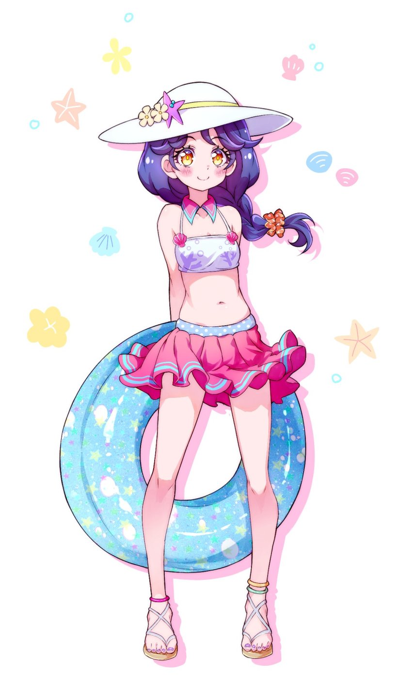 1girl, anklet, arms_behind_back, bare_arms, bare_legs, bikini, bikini_top_only, blush