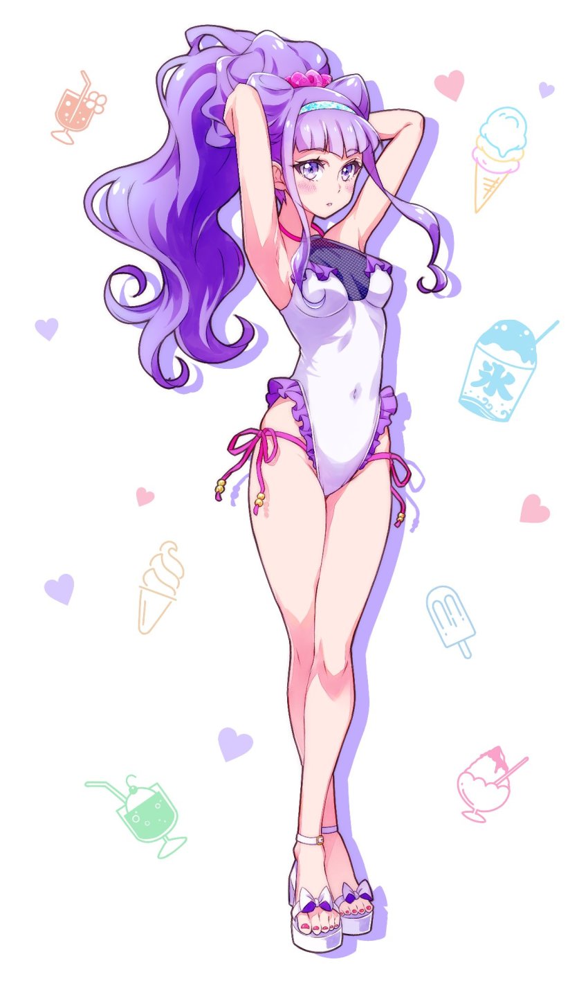 1girl, arm_behind_head, armpits, arms_up, bare_arms, bare_legs, blunt_bangs, blush, bow, breasts, breasts_apart, casual_one-piece_swimsuit, covered_navel, full_body, hairband, hands_in_own_hair, high_heel_sandals, high_heels, highleg, highleg_one-piece_swimsuit, highres, hugtto!_precure, kyoutsuugengo, long_hair, looking_at_viewer, medium_breasts, nail_polish, one-piece_swimsuit, parted_lips, precure, purple_eyes, purple_hair, red_nails, red_ribbon, ribbon, ruru_amour, sandals, solo, standing, swimsuit, toenail_polish, toenails, very_long_hair, white_background, white_bow, white_one-piece_swimsuit, white_sandals