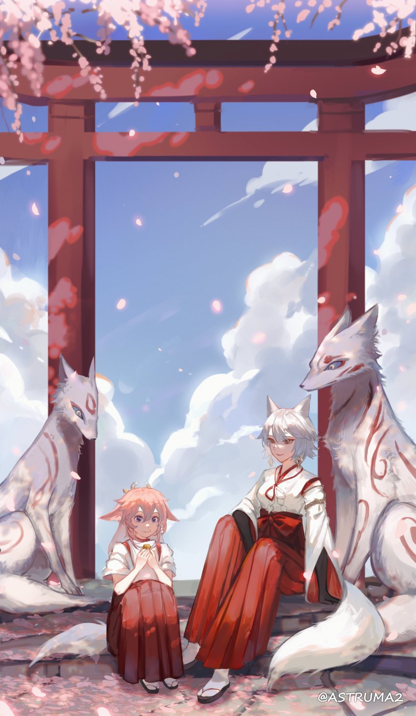 2girls, absurdres, aged_down, animal_ears, artist_name, astruma2, blush, chihaya_(clothing)