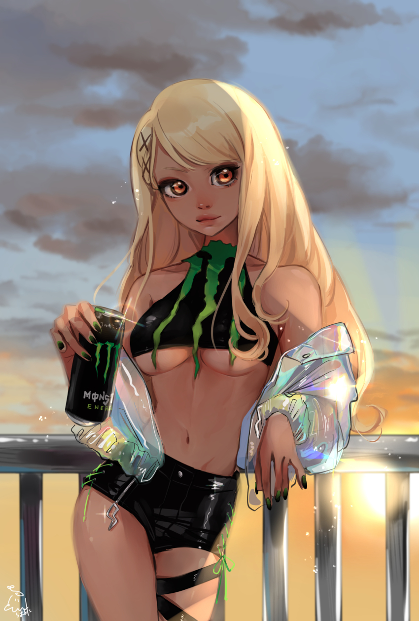 1girl, black_nails, black_shorts, blonde_hair, breasts, brown_eyes, can, cloud, dark-skinned_female, dark_skin, eyebrows_hidden_by_hair, grey_jacket, highres, holding, holding_can, jacket, kaminari_qpi, long_hair, medium_breasts, monster_energy, nail_polish, navel, shorts, sky, smile, solo, sunset, thigh_strap, underboob, virtual_youtuber, vspo!, zoramaruta