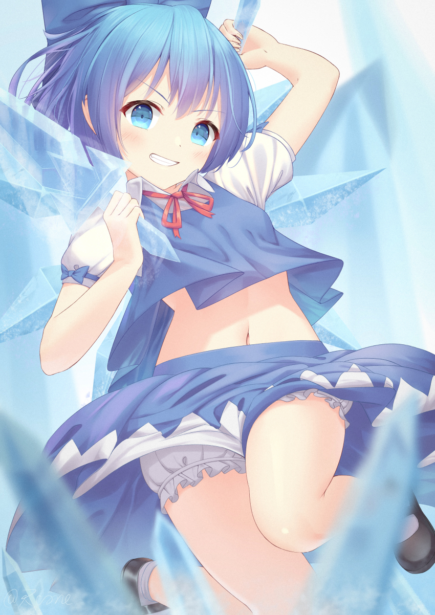 1girl, absurdres, adapted_costume, black_shoes, bloomers, blue_background, blue_bow, blue_eyes