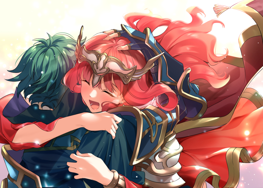 1boy, 1girl, alm_(fire_emblem), alm_(saint-king)_(fire_emblem), armor, blue_armor, blush, cape