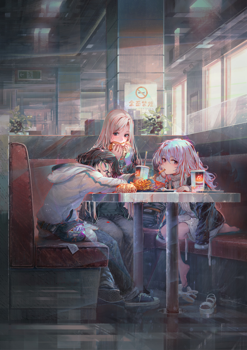 3girls, blonde_hair, booth_seating, brown_hair, burger, cover, textless_cover_page, cover_page
