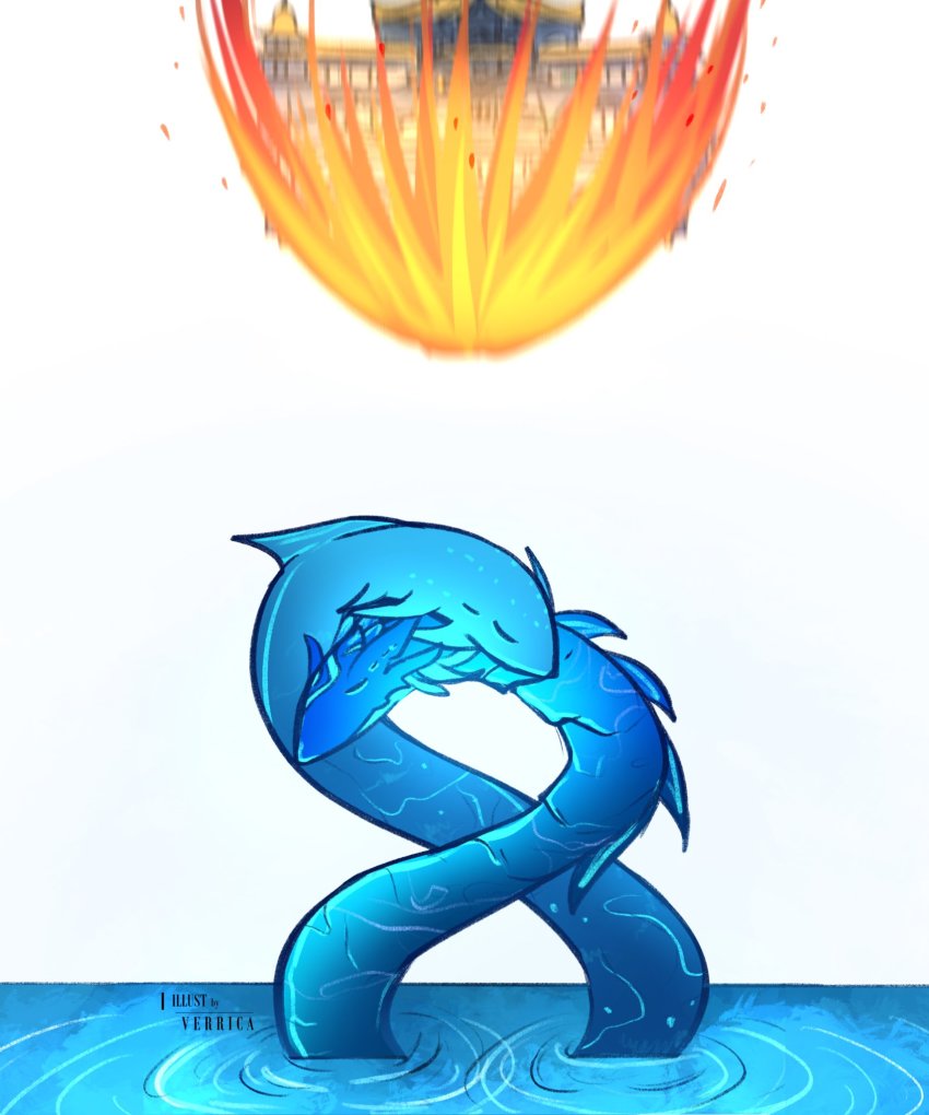 artist_name, beisht_(geshin_impact), commentary, english_commentary, closed_eyes, falling, genshin_impact, highres