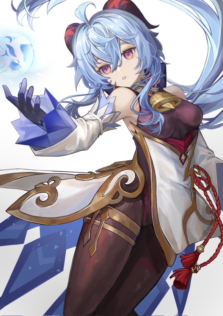 ahoge, arrrrrry1, bare_shoulders, bell, black_gloves, black_legwear, blue_hair, bodystocking