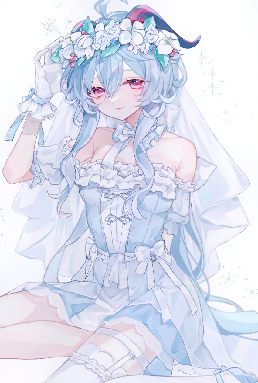 absurdres, ahoge, bare_shoulders, blue_hair, blush, bow, choker, dress