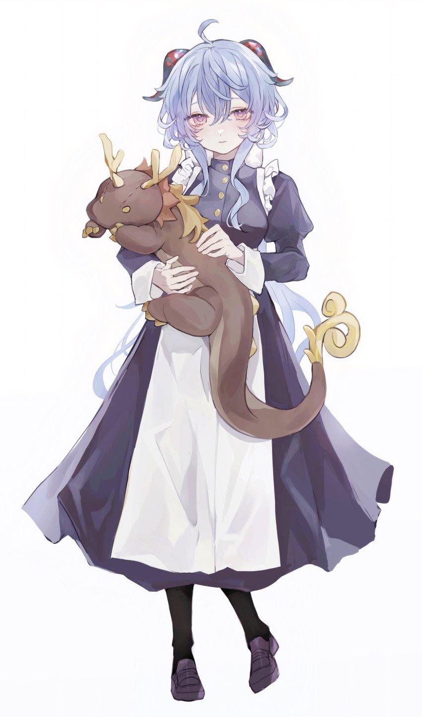 absurdres, ahoge, alternate_costume, apron, black_dress, black_legwear, blue_hair, blush