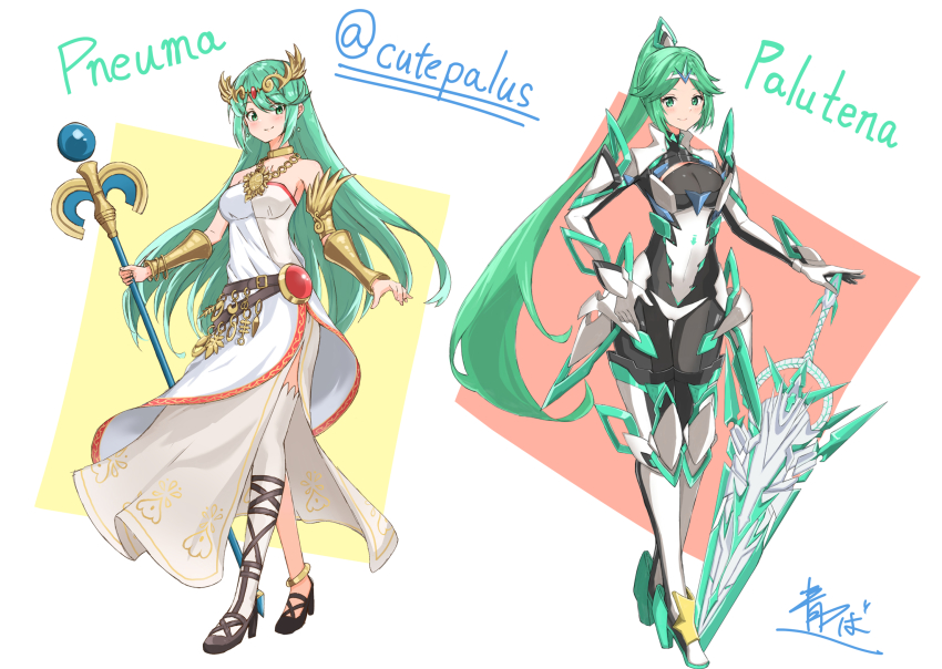 2girls, absurdres, aegis_sword_(xenoblade), ancient_greek_clothes, aotsuba, armpit_peek, bare_shoulders, belt