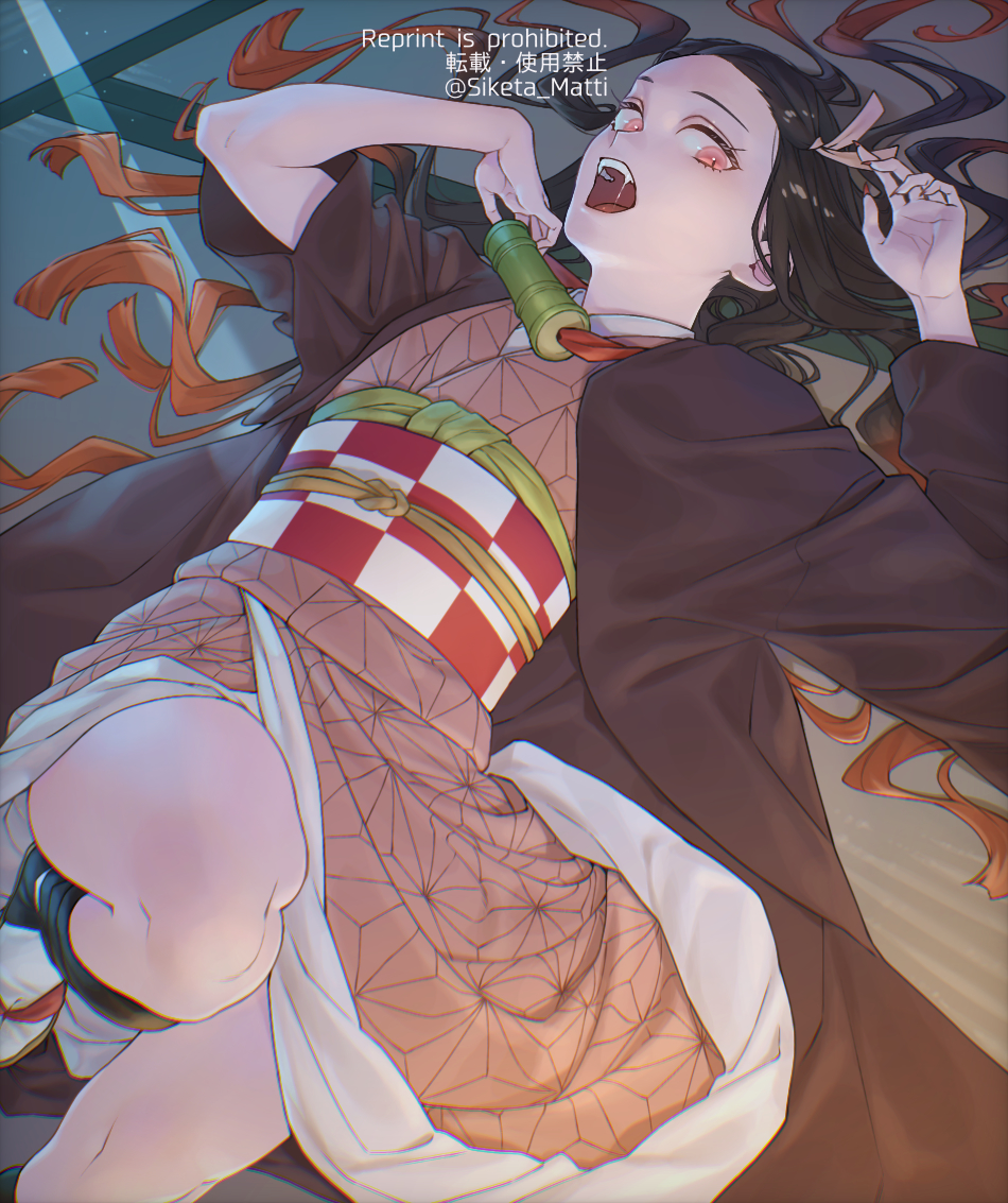 1girl, black_hair, fangs, gag, unworn_gag, gradient_hair, hair_ribbon, haori