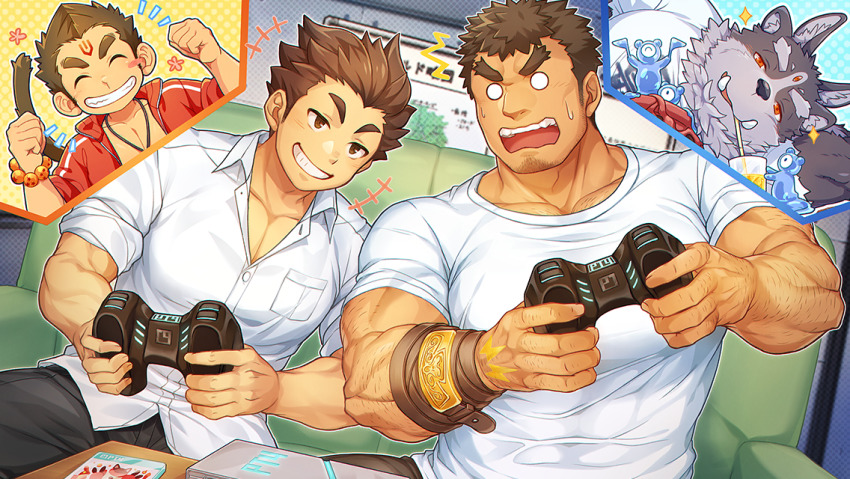 4boys, abs, animal_ears, bara, belt, blush, brown_hair, chest_hair