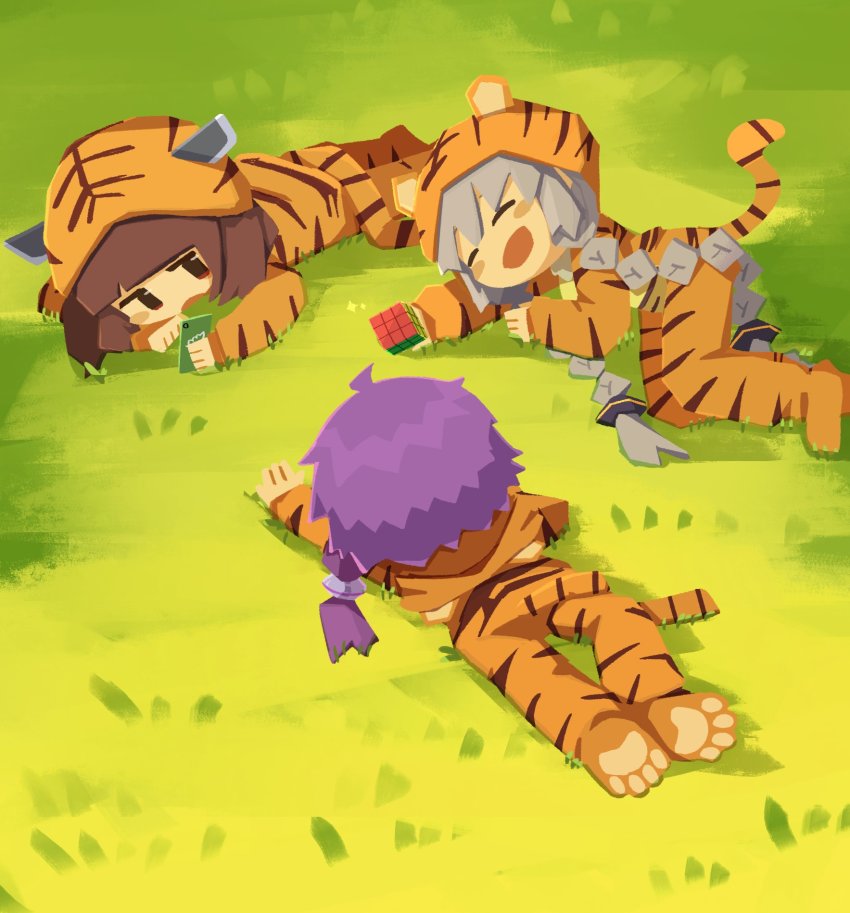 3girls, alternate_costume, animal_costume, animal_ears, animal_print, black_eyes, blunt_bangs, blush_stickers