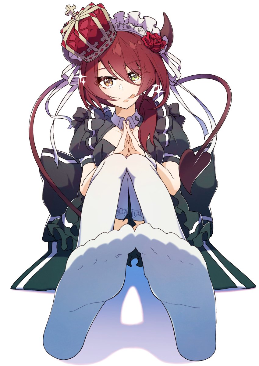1girl, absurdres, black_dress, breasts, commentary_request, commission, demon_girl, demon_horns, demon_tail, dress, eyelashes, feet, flower, foot_focus, foreshortening, frilled_dress, frills, full_body, gradient_clothes, gradient_dress, green_dress, green_eyes, hair_flower, hair_ornament, heterochromia, highres, homaru_sangou, horns, licking_lips, looking_at_viewer, maid_headdress, medium_breasts, no_shoes, orange_eyes, original, own_hands_together, puffy_short_sleeves, puffy_sleeves, red_hair, rose, shadow, short_sleeves, sidelocks, sitting, smile, soles, solo, sparkle, tail, thighhighs, toes, tongue, tongue_out, white_background, white_thighhighs