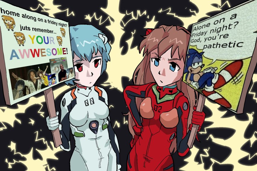 2girls, alone_on_a_friday_night?_(meme), ayanami_rei, blue_eyes, blue_hair, english_text, female_focus, highres, holding, holding_sign, long_hair, mecha_pilot_suit, meme, multiple_girls, neon_genesis_evangelion, plugsuit_(evangelion), psicochurroz, red_eyes, short_hair, sign, sonic_(series), sonic_the_hedgehog, souryuu_asuka_langley, standing