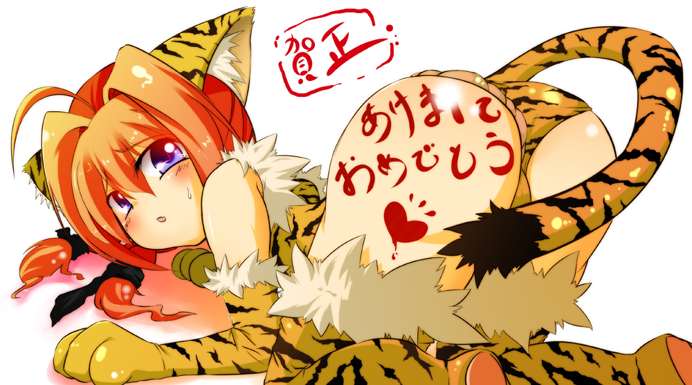 00s, 1girl, ahoge, all_fours, animal_ears, animal_hands, animal_print, ass, bad_id, bad_pixiv_id, blue_eyes, braid, elbow_gloves, female_focus, gloves, long_hair, looking_back, lyrical_nanoha, mahou_shoujo_lyrical_nanoha, mahou_shoujo_lyrical_nanoha_a's, new_year, nokiri, red_hair, solo, tail, thighhighs, tiger_ears, tiger_print, tiger_tail, translation_request, twin_braids, vita_(nanoha), white_background