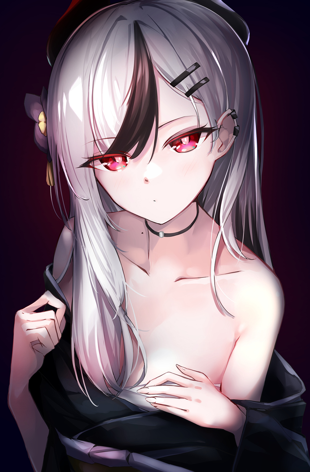 1girl, asymmetrical_bangs, bare_shoulders, black_hair, black_kimono, blue_archive, breasts, choker, collarbone, commentary, ear_piercing, flower, gradient_background, hair_flower, hair_ornament, hairclip, highres, japanese_clothes, kayoko_(blue_archive), kayoko_(new_year)_(blue_archive), kie_(yospcd), kimono, long_hair, looking_at_viewer, mole, mole_on_shoulder, multicolored_hair, off_shoulder, piercing, red_eyes, small_breasts, solo, two-tone_hair, upper_body, white_hair