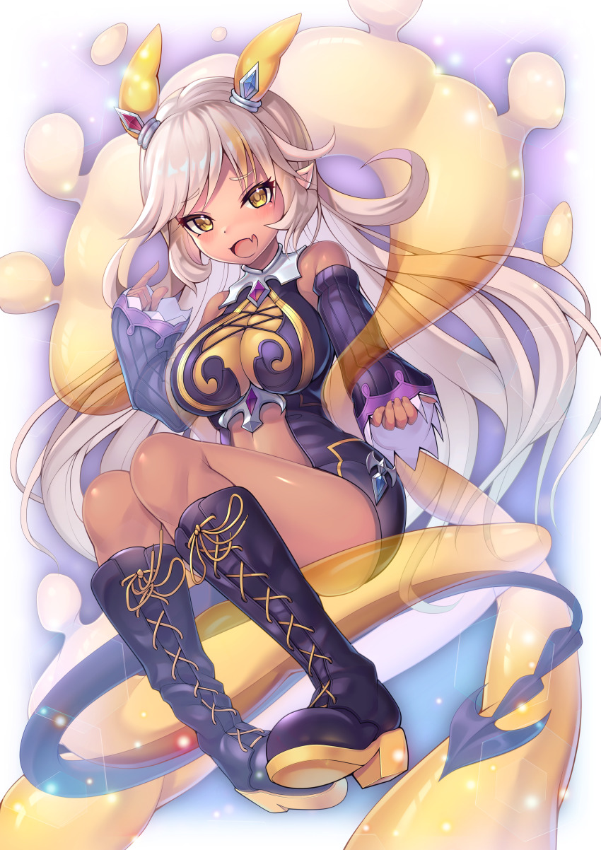 1girl, absurdres, animal_ears, bare_shoulders, blonde_hair, boots, breasts, cleavage