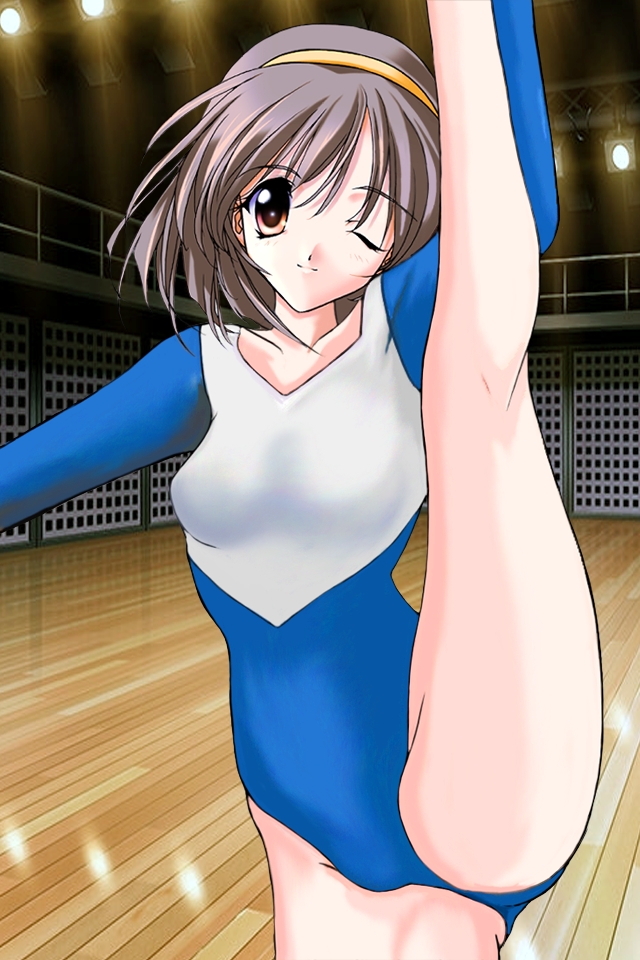 1girl, brown_hair, fat_mons, female_focus, gymnastics, hairband, imasaka_yue, leg_up