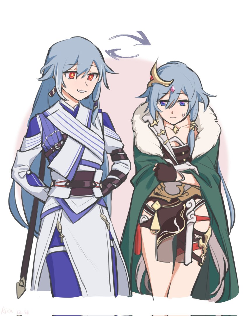 2girls, arms_behind_back, black_gloves, black_hair, blue_eyes, blue_pants, cape, chinese_clothes