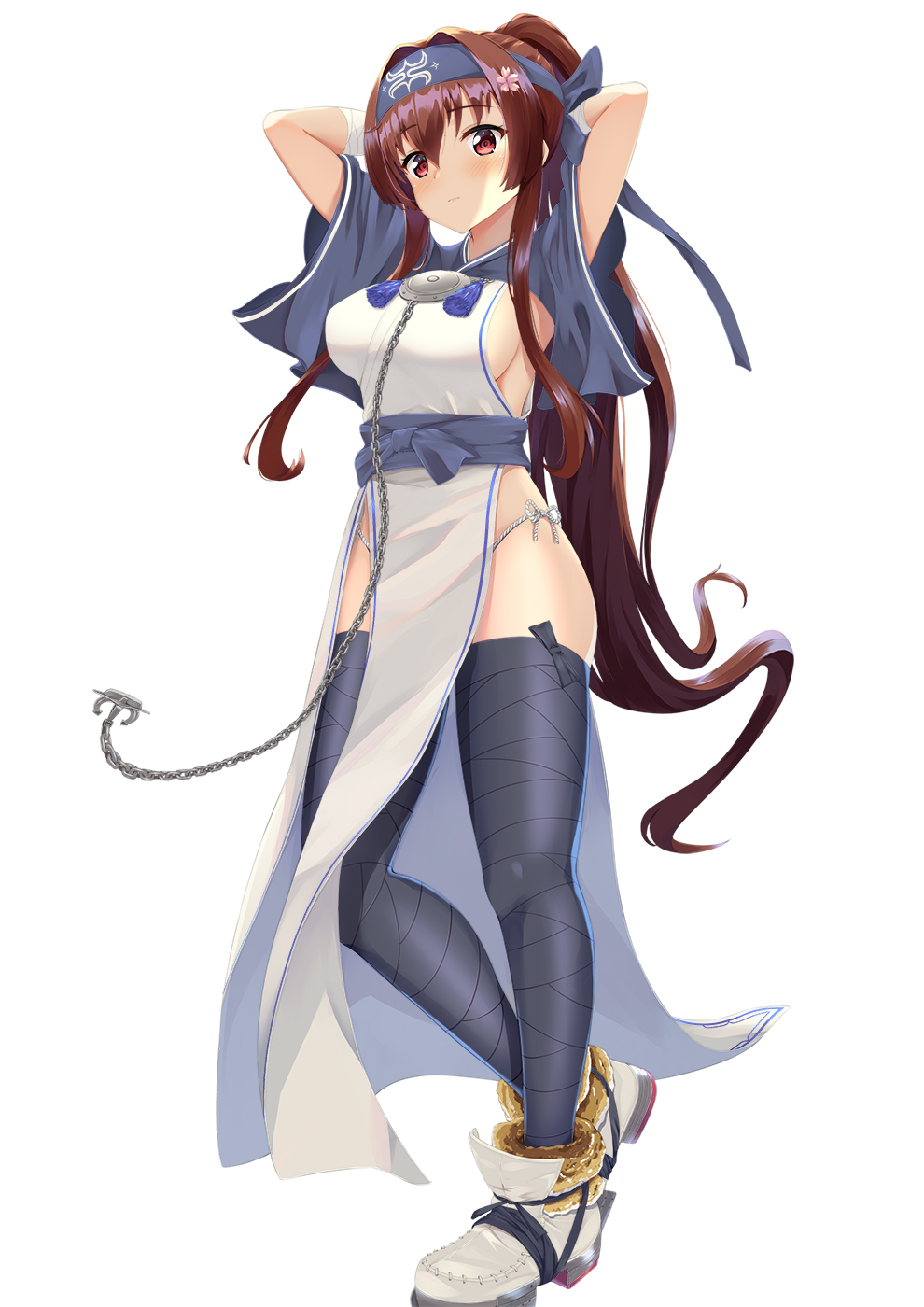 1girl, ainu_clothes, anchor, bandana, breasts, brown_eyes, brown_hair, chain