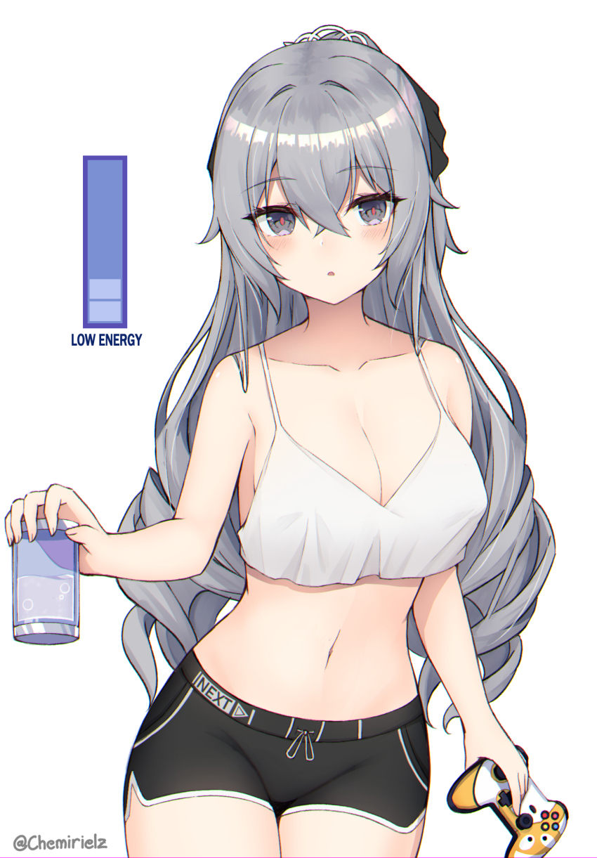 1girl, bare_shoulders, black_shorts, blouse, breasts, bronya_zaychik, bronya_zaychik_(silverwing:_n-ex), camisole, cleavage, collarbone, controller, covered_erect_nipples, cowboy_shot, crop_top, crossed_bangs, drill_hair, energy_drink, grey_eyes, grey_hair, hair_between_eyes, hair_ribbon, hairband, highres, holding, holding_controller, honkai_(series), honkai_impact_3rd, large_breasts, linez, long_hair, looking_at_viewer, midriff, navel, no_bra, ribbon, shirt, short_shorts, shorts, simple_background, sleeveless, sleeveless_shirt, solo, stomach, twin_drills, very_long_hair, white_background, white_camisole, white_shirt